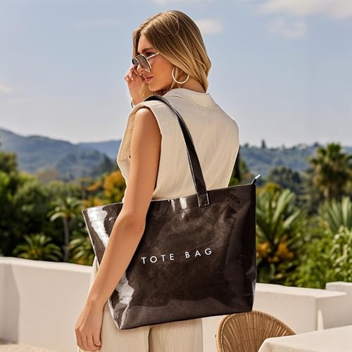 Image of KALIDI PVC Zipper Tote Bag, Jelly Kraft Paper Beach Bag Large Hobo Carry All Travel Shopping Handbag Plastic Shoulder Bag
