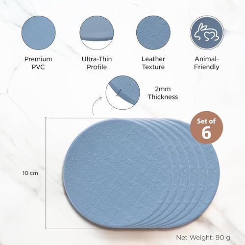 Image of UMAI Tea Coaster Set of 6 with Stand (Dia- 10cm, Thick- 2mm)| Coasters for Dinning Table for Hot Pots | Non Slip Mat | Gift for Housewarming | Kitty Party Return Gifts for Women (Blue)