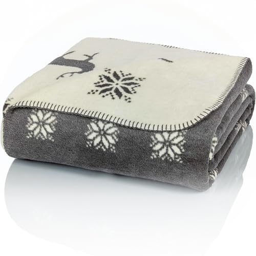 Glart Coperta Morbida e Calda, Motivo Renna, Extra Soffice Come Coperta da Divano, Coperta in Peluche, 150 x 200 cm, Grigio/Bianco