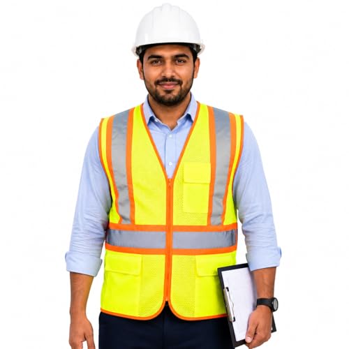 Image of VRITRAZ Unisex High Visibility Reflective Safety Vest | Multi-Pocket Safety Workwear Jacket for Construction Workers, Engineers, Security Guards, Factory & Road Safety Use