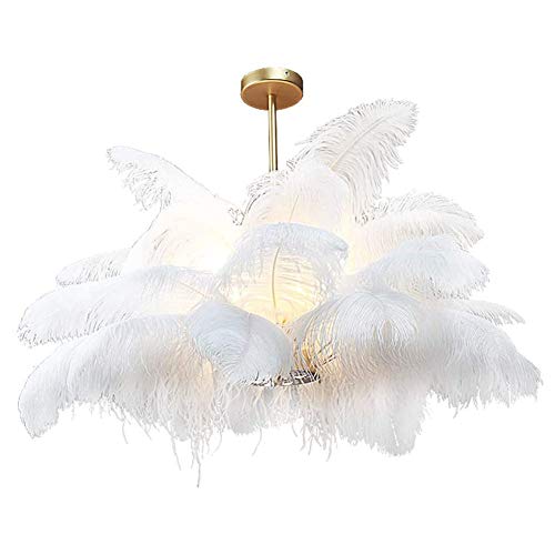 Lámpara de araña Moderna con Plumas E14, Fuente de luz, Pantalla esponjosa, lámpara Colgante de Techo de Altura Ajustable, para Comedor, Sala de Estar, Dormitorio, Restaurante, 75 x 59 cm