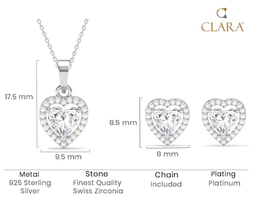 Image of Clara 925 Sterling Silver Zilvia Heart Solitaire Pendant Earrings Chain Ring Bracelet Jewellery Set | Platinum Plated, Swiss Zirconia |Gift for Women and Girls