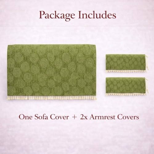 Image of STITCHNEST Woven Fabric Sofa Cover 3 Seater with 2 Hand Rest Covers - Washable Green Sofa Cover with Tassels - Durable Premium Fabric - Stylish Sofa Protector for Living Room & Furniture Decor