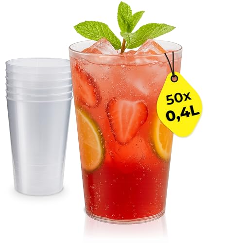 Silverkitchen Lot de 50 gobelets en plastique réutilisables de 0,4 l, empilables, lavables au lave-vaisselle, avec trait de repère, sans BPA, à paroi fine...
