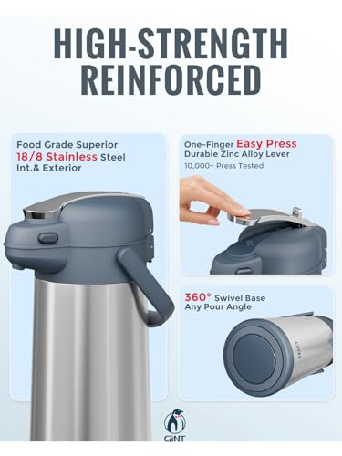 Image of GiNT 3L Airpot Coffee Dispenser with Pump, Insulated Coffee Carafe for Hot Liquids, Stainless Steel Vacuum Insulated Pump Dispenser for Hot /Cold Beverages, Home Office Commercial Outdoor Use(101oz)