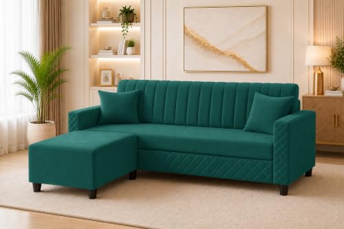Image of L-Shaped 3 Seater Sectional Sofa with Ottoman | Modern Upholstered Couch | Vertical Channel Tufted Backrest | Diamond Quilted Arms & Base | Comfortable Living Room Furniture - Green