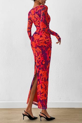 Image of PRETTYGARDEN Women's Long Sleeve Bodycon Dresses 2026 Spring Sexy Floral Mesh Slit Ruched Tight Maxi Wedding Guest Dress
