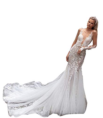 2021 Belt Appliques Mermaid Trumpet Bridal Ball Gown Wedding Dresses for Women Bride with Train Long Sleeves White