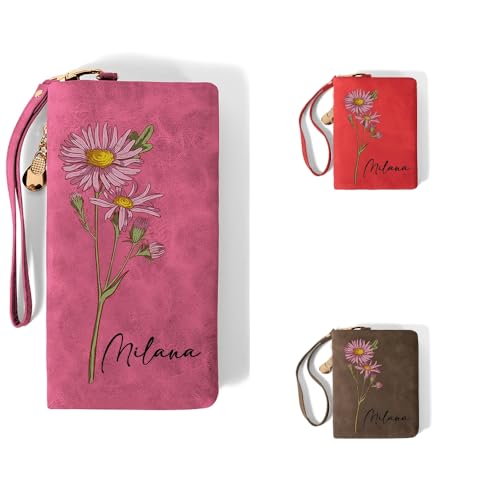 Personalized Birth Flower Wallet for Women Custom Name Watercolor Birthflower Leather Wallet Card Holder with Wristlet Birthday Gift for Mom Girlfriend Friends Bridesmaids - Main Image