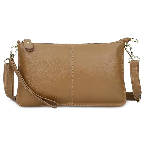 Pochette dames en cuir véritable marron avec porte monnaie à glissière