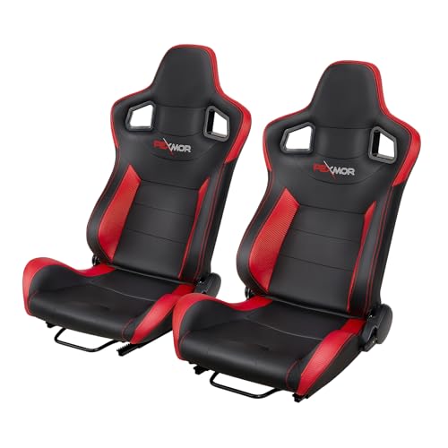 PEXMOR 2 Pcs Reclinable Universal Racing Bucket Seats w/Dual Slider, PU & Carbon Leather Adjustable Race Seats for Cars, Driver and Passenger Side, 21.5