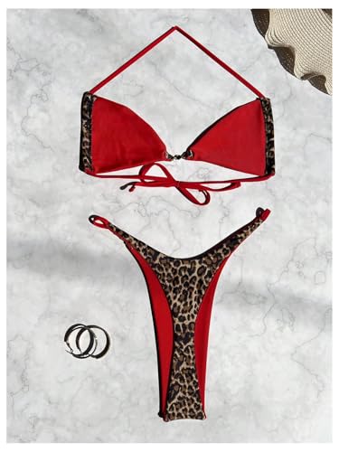Floerns Women's Leopard Print String Thong Bikini Set High Waisted Halter Top Triangle Swimsuit2