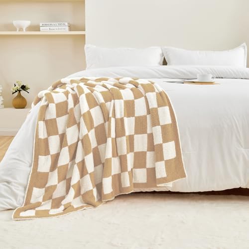 Image of CozeCube Beige White Reversible Checkered Knit Throw Blanket 60 inchx80 inch