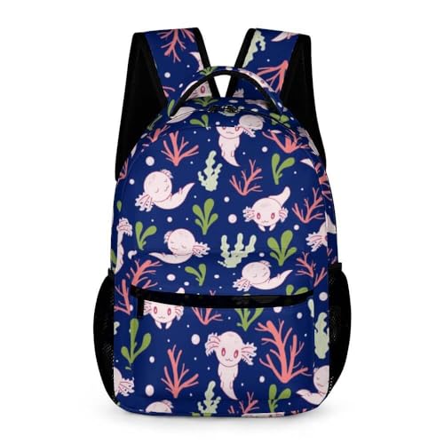 Axolotl School Backpack for Kids Girls Boys, 16 Inches Cute Axolotl Theme Bookbag, Adjustable, Lightweight, Large Capacity, Colorful Axolotl Backpack for School