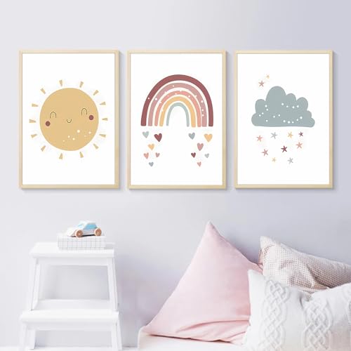Arte de pared para guardería infantil con sol y arco iris bohemio sin marco juego de 3 láminas