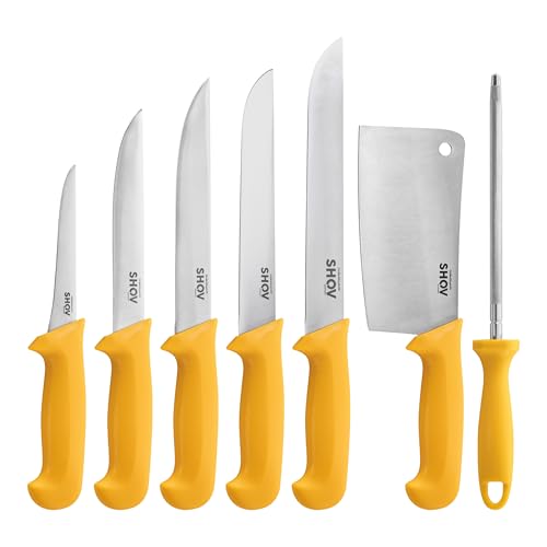 Shov Küchenmesser Set – Premiumqualität | Profi Küchenmesser | Kochmesser Set | Fleischmesser | Ausbeinmesser | Scharf & Robust | Für Profis & Hobbyköche (7, mit Beil und Schleifstab)