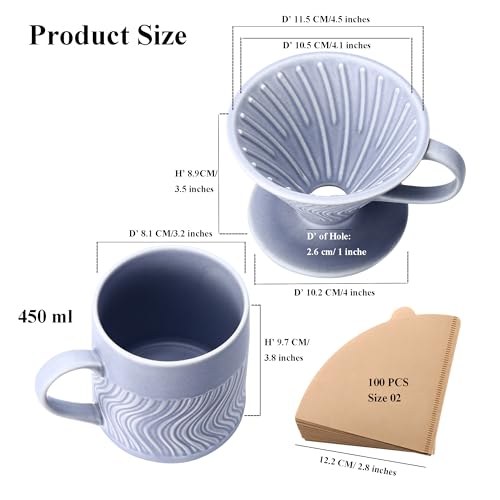 Polydremio Pour-Over-Kaffeebereiter, Keramik Kaffee-Tropfer mit 100 Stück Größe-02-Papierfilter, Keramik-Kanne, 450 ml, Violett
