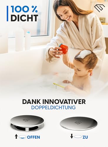 EDELER | 2-teilig | Badewannenstöpsel Universal Passform | Badewannen Stöpsel Verschluss Ø 72 mm | Rostfrei Verstellbarer Badewannen Stopfen | für Jede Badewanne Dicht + GRATIS Alternativdichtung