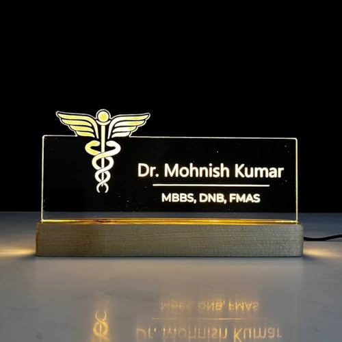 Image of Wood, Acrylic Customized LED Name Plate for Office Desk Table Name Signage Birthday Gift For Doctor Medical Professionals Surgeon Pediatrician Pharmacist Size (10 x 6 inch) (For Doctor), Clear