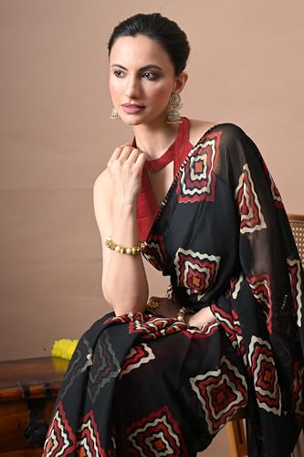 Image of MIRCHI FASHION Women Sari Georgette Chevron Printed | Modern Pattern Farewell and Festive Drape with Matching Blouse Piece