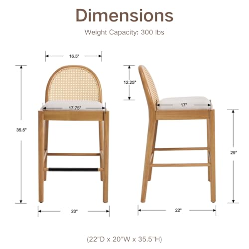 Set de 4 Bancos de Barra CIMOTA Rattan, 29 Pulgadas de Altura, Asiento de Lino Beige con Estructura de Madera Retro miniatura 2