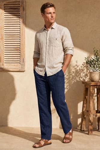 Image of Louis Philippe Men's Linen Blend Solid Shirt with Soft Handfeel & Naturally Antibacterial Finish - Holiday Wear