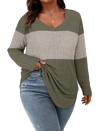 Image of Koscacy Women Plus Size Casual Knit Sweater V Neck Solid Color Tops Lightweight Long Sleeve Blouses