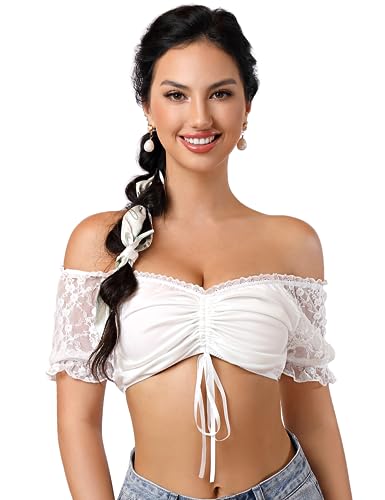 Clearlove Damen Dirndlbluse Spitze Weiß Dirndlbluse Kurzarm Schulterfrei...