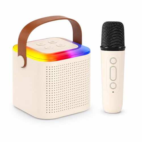 Image of One94Store Portable Bluetooth Speaker 10W with Wireless Karaoke Mic, Bluetooth 5.1, 8H Playtime, 5 Voice Change Effects, RGB LED Lights, TF Card Support, Type-C Charging - Cream Color