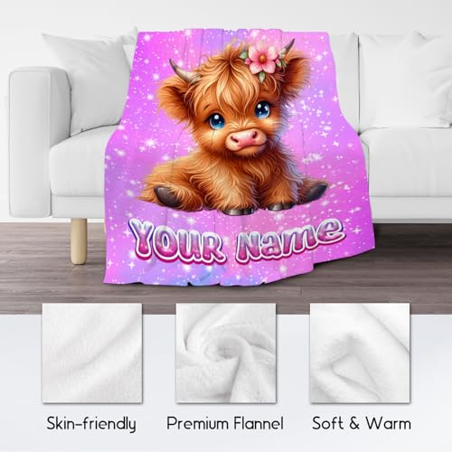 Personalized Blanket Highland Cow Gifts for Kids Girls - Soft Lightweight Flannel Throws for Couch, Sofa 4 Sizes