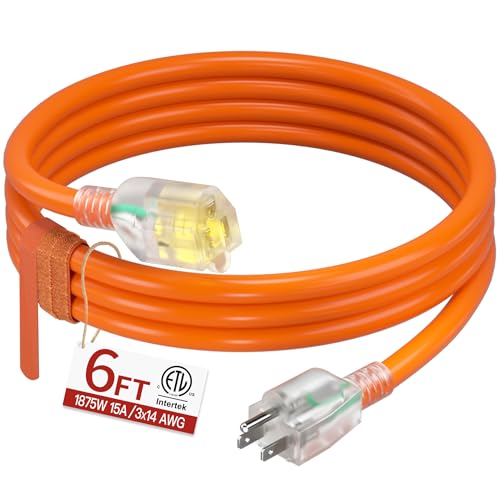 Image of 6 FT 14 /3 Extension Cord Outdoor, Heavy Duty Weatherproof & Flame Retardant Orange 3 Prong Power Cord with Light, Outside for Lawn & Garden, 15 Amps 1875 Watts 125 VAC 14AWG SJTW, ETL Listed