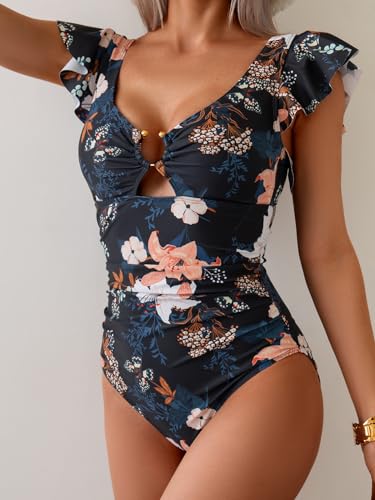 Image of Eomenie Womens Ruffled One Piece Swimsuit Slimming Tummy Control Bathing Suit V-Neck Cutout Swimwear for Resort Wear