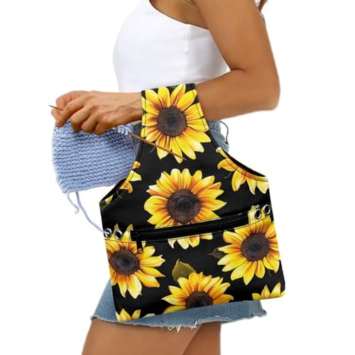 Image of KUIFORTI Sunflower Yarn Bag Holder Knitting Accessories Black Crochet Bag Organizer Tote Yarn Bags for Crocheting on The Go, Small Size