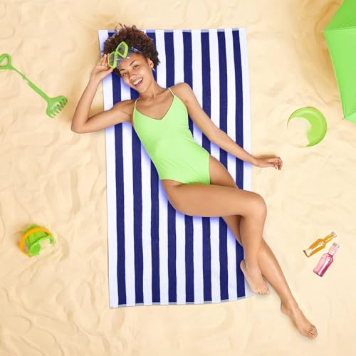 Image of Home Plus Studio 100% Cotton Towel Hotel Pool /Swimming /Beach /Bath Sheet /Gym /Beach Towel Extra Large Size Bath Towel - Pack of 1 - Size 90 CM x 180 CM (36 inch in x 72 inch in) - Blue & White Stripes