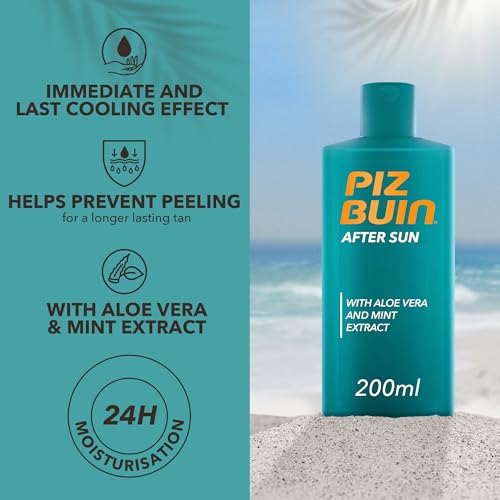 Piz Buin After Sun Soothing and Cooling Moisturising Lotion (200ml), Nourishing Cream with Aloe Vera Extract to Soothe and Calm, Aftersun with Non-Greasy Formula, Immediate and Lasting Cooling Effect