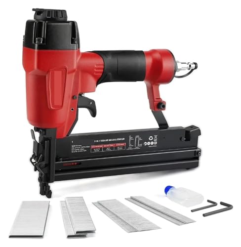 Pneumatische Nagelpistole, Pneumatischer Nagler, 18 GA, 2-in-1-Nagelpistole und Kronenhefter, mit 400 Nägeln/300 Heftklammern, for Zimmerei,Druckluftwerkzeuge für Kompressor