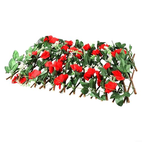 Yuanpgky Enrejado de madera expandible con artificial para flores de cerezo y hojas verdes para decoración de pared de jardín, pantalla de privacidad y valla al aire libre (rojo)
