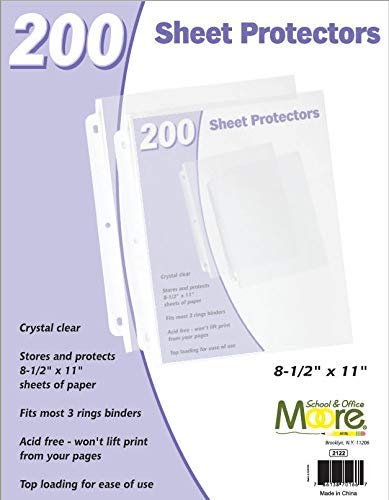 Moore Sheet Protectors, Holds 8.5 x 11 inch Sheets, Clear, Reinforced, Fit Standard 3 Ring Binders, Acid-Free, Archival Safe for Documents and Photos (200 Sheets)