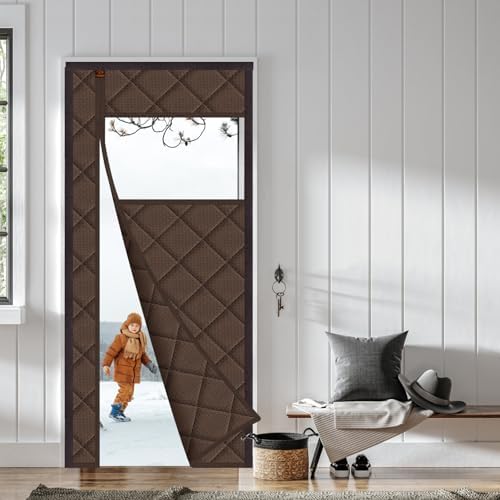 WochiTV Magnetic Thermal Door Curtain, 36 x 82 Inch Insulated Door Cover Thickened Waterproof Insulation Blanket with Visible Window for Winter Side Opening Brown