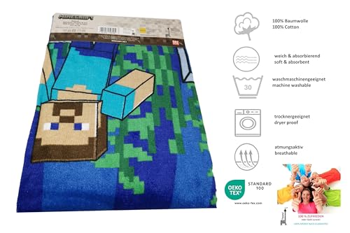 Theonoi Kinder Handtuch Badetuch Strandtuch Duschtuch für Mädchen und Jungen 100% Baumwolle 70x140 cm (Minecraft Steve Alex)