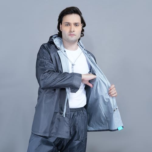 Image of VARSHA - Basic Reversible Rain Coat for Men, Men's Raincoat with Adjustable Hood, Heavy-Duty Zip & Button Closure,Buy Portable Waterproof Rainwear Suit for Bike.(NX)