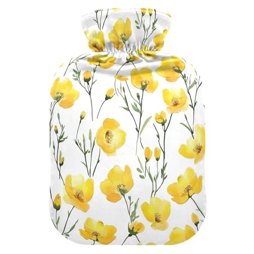 YNNALE Watercolor Yellow Flowers Poppy Floral Hot Water Bottle with Cover, 1Liter Soft Velvet Winter Warm Water Bag for Neck and Shoulder Pain Relief Period Cramps Bed Hand Feet Warmer