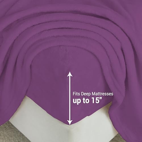 Image of Viviland Plush Microfleece King Bed Sheet Set, Purple | Soft Flannel-like Fleece, 100% Polyester, Fluffy Velvety Feel, 200GSM, 15 inch Deep Pocket, Warm Winter Gift & Decor