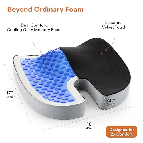 Image of FOVERA Cool Gel & Memory Foam Coccyx Cushion | Orthopedic Seat Cushion for Chair, Car Seat Cushions, Memory Foam Sitting Pillow for Tailbone, Sciatica & Back Pain Relief (Universal, Black & Grey)