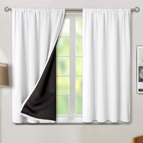 BGment White Blackout Curtains for Bedroom 45 Inch Length, Rod Pocket 100% Blackout Curtains with Thermal Liner Room Darkening Curtains for Living Room, Each Window Curtains 2 Panels, 42 x 45 Inch