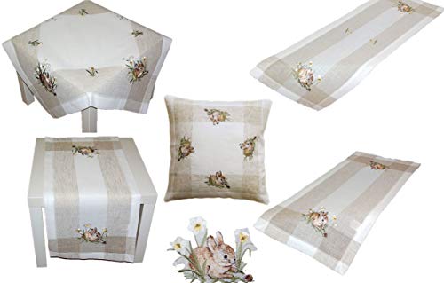 Table Runner Ecru / Beige / Colourful Embroidery "Rabbit" Linen Look (40/140), Natural Beige Mottled, Off-white, Brown, Multi-coloured - Image 4