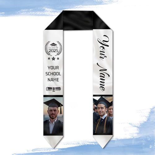 Dicodes Custom Graduation Stole Class of 2025 Personalized Graduation Sash Graduation Gift and Keepsake with Photo Text (Black and Silver)