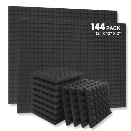 Image of YGM Acoustic Foams Pyramid Acoustic Panels 12″x12″x2″ Thick | Echo & Sound Absorption | Acoustical Sound Proof Foam for Room & Studio | Charcoal Black (50 Density, Set of 144)