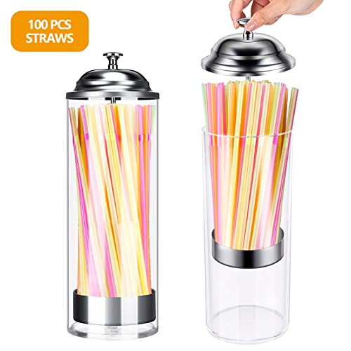 Straw Dispenser With 100Pcs Drinking Straw, Plastic Straw Holder With Stainless Steel Lid, Drinking Straw Organizer Container Transparent Drinking Straw Holder Dispenser For Kitchen #TOP7