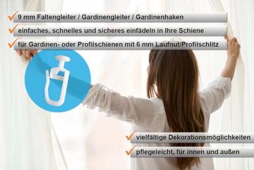 Dekohaken24-100 Stck. Faltengleiter mit 9mm Kopf für Gardinenschienen oder Gardinenstangen mit Innenlauf, verschließbarer Faltenlegehaken